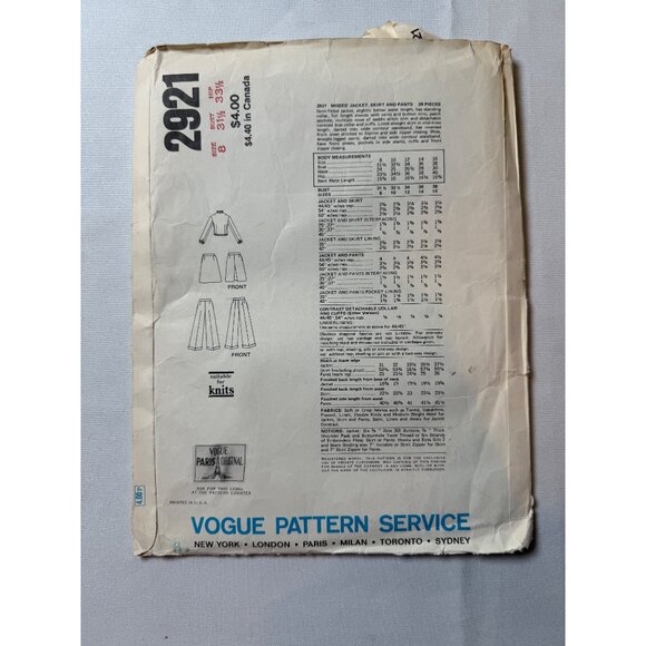 Vtg Givenchy Vogue Paris Original Sewing Pattern 2921 Jacket Skirt & Pants UNCUT - Picture 2 of 3